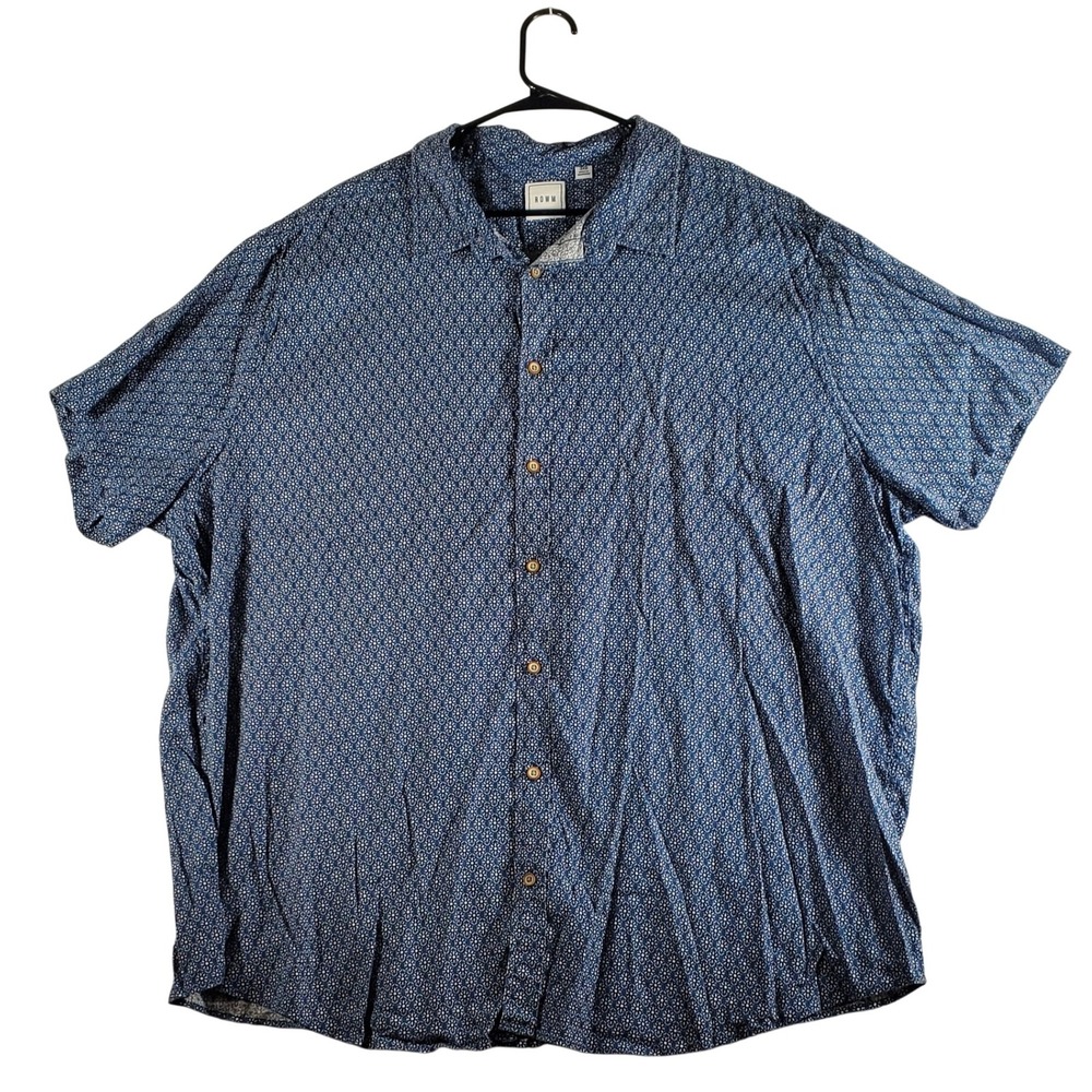 ROWM Mens 3XB Blue White Geometric Print Short Sleeve Button‎ Down Shirt Hemp
